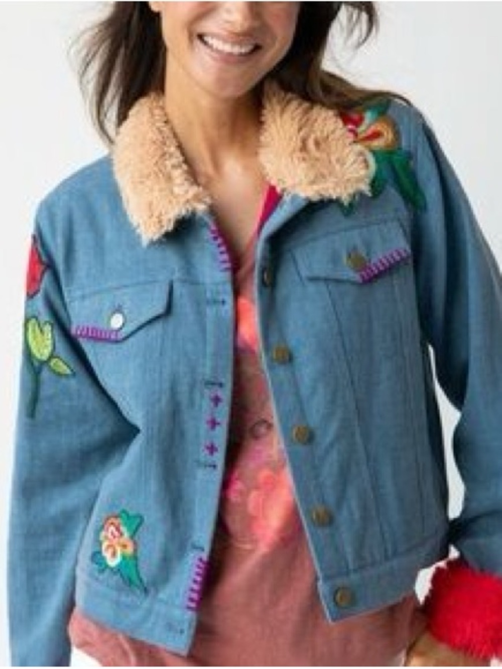 NATURAL LIFE Blue Denim Jacket with Cream Sherpa Collar and Red Cuff